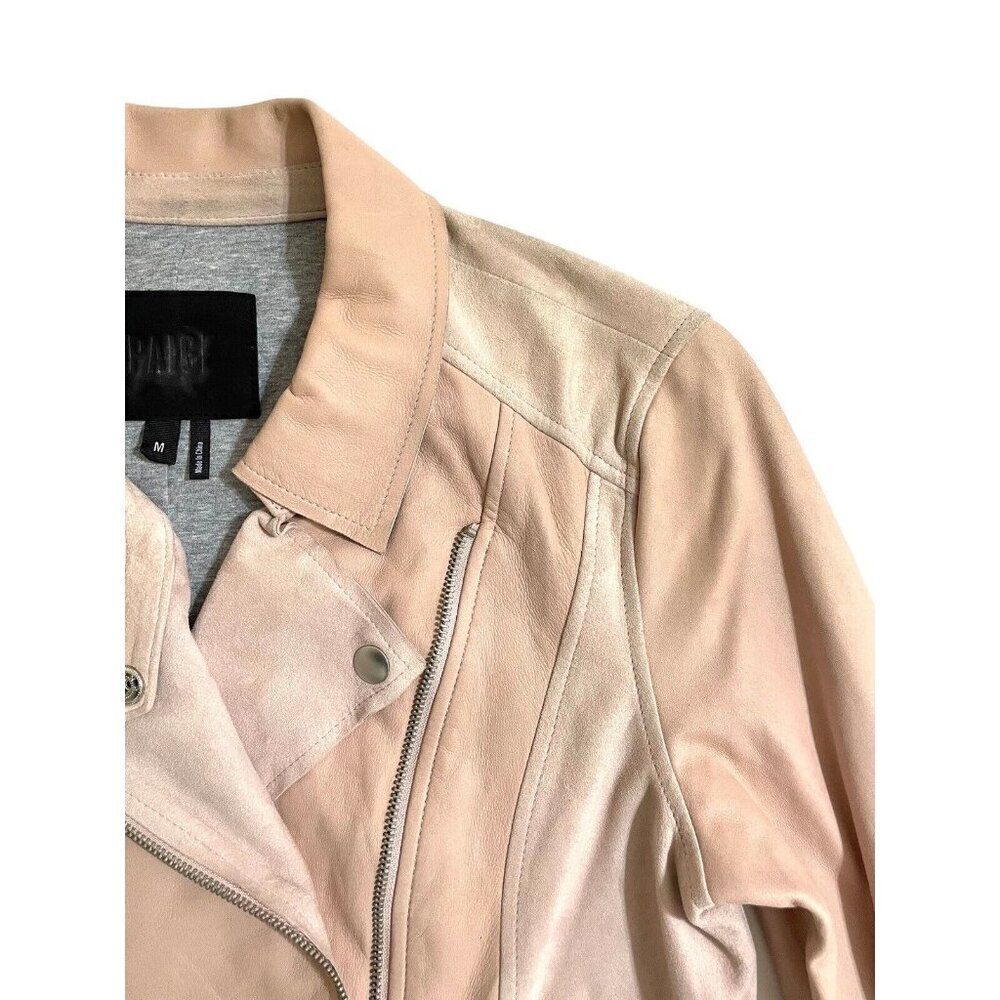 Paige Silvie Leather Moto Jacket Cropped Trim Pink Suede Leather Sz M - Picture 12 of 16